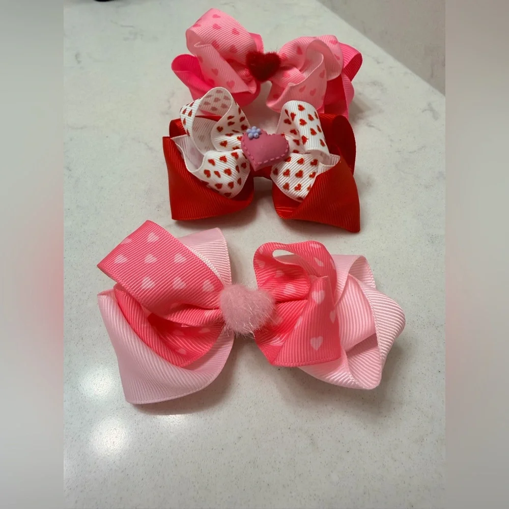 Pink & Red Heart Hair Bows Valentine's Day Hair Bow Set - All 3 Included NWOT